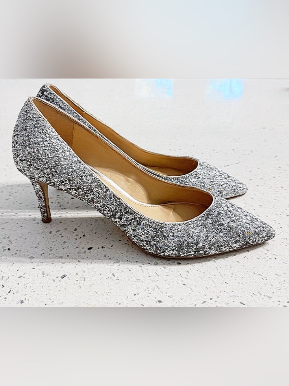 Jewel Badgley Mischka Heels Silver Glitter Size 8 Pointed Toe Pumps - Picture 8 of 12